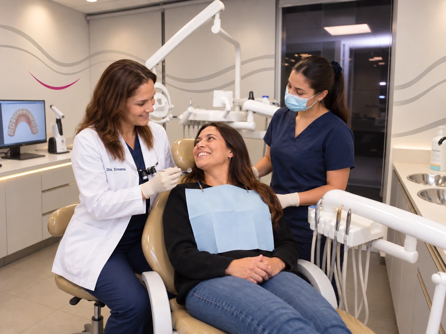 Dentista y asistente de Clínica Dental Onsen conversando con una paciente en el sillón dental