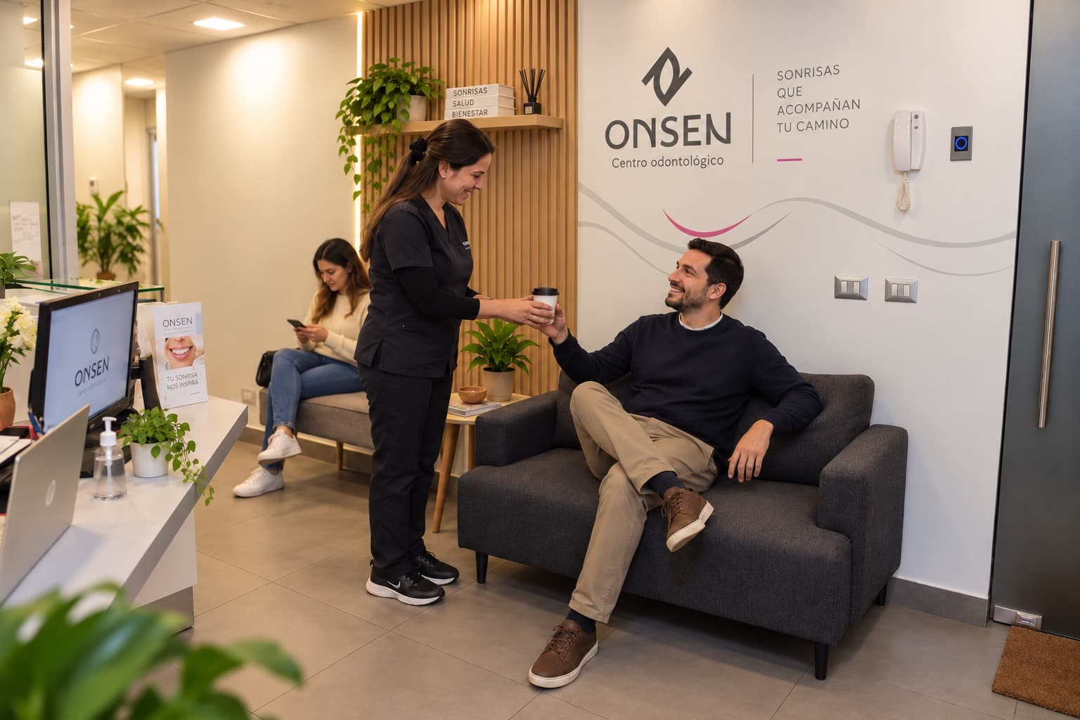 Recepción de Clínica Dental Onsen en Providencia con equipo atendiendo a un paciente